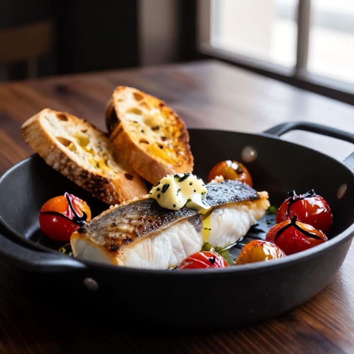 Pfannengebratener Zander mit Knoblauch-Kräuter-Butter und Baguette