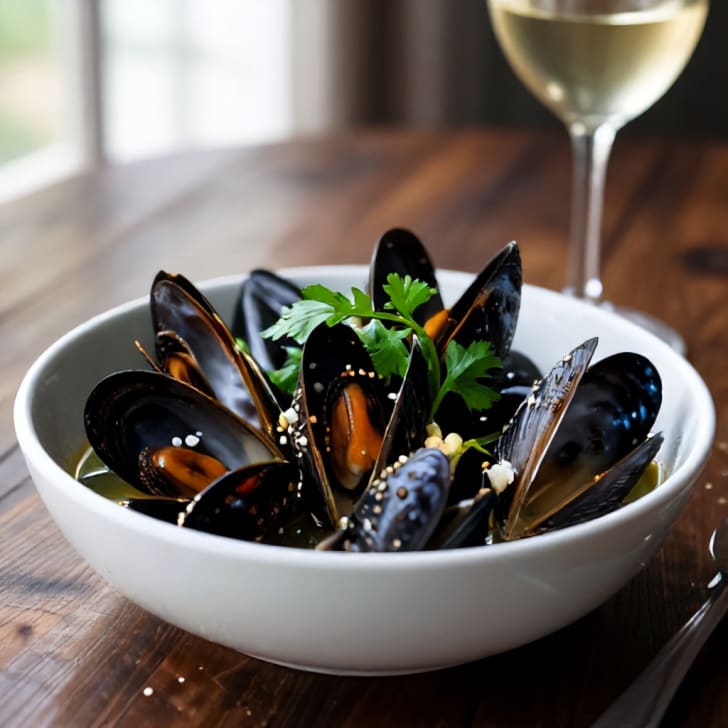 In Weißwein und Knoblauch gedämpfte Miesmuscheln