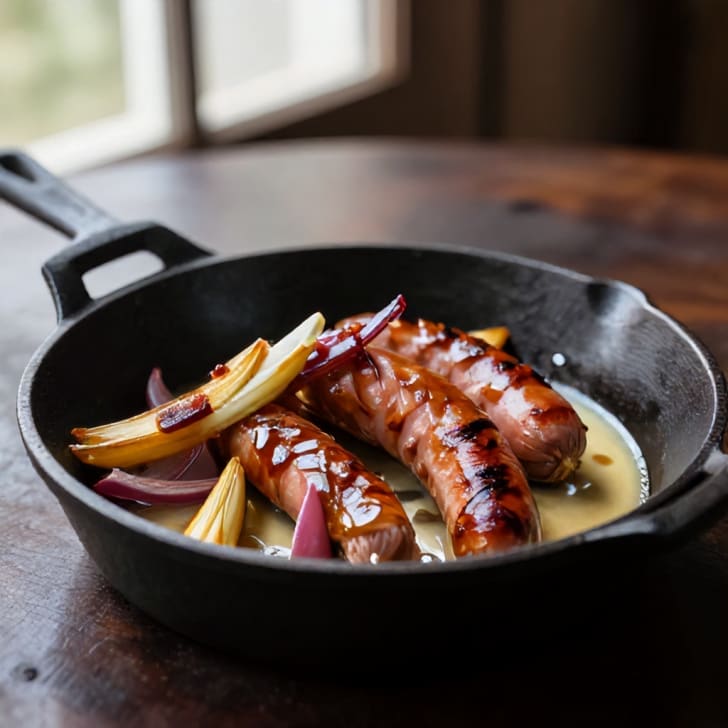 In Weißwein und Fenchel geschmorte Bratwürste