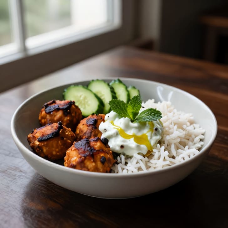 Orientalische Rindfleisch-Kofta-Bowls mit Gurken-Joghurt-Sauce