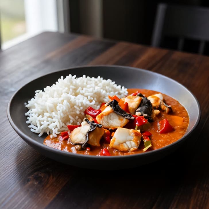 Cremiger Paprika-Kabeljautopf mit Basmati-Reis