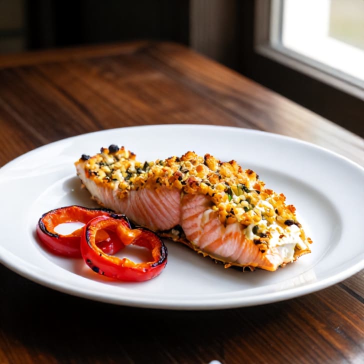 Überbackenes Lachssteak mit Hüttenkäse-Kräuterkruste
