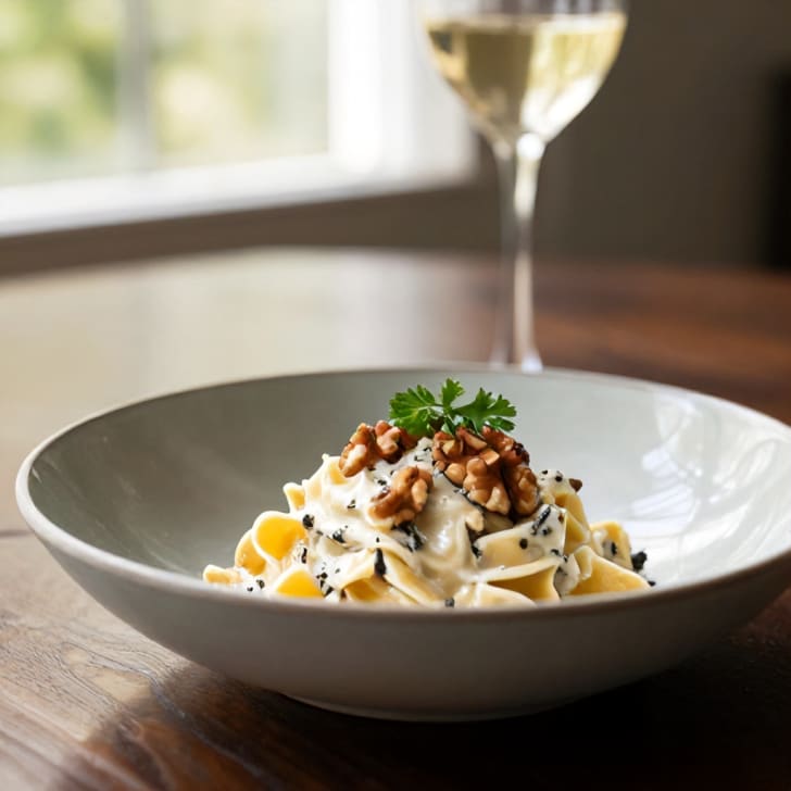 Cremige Gorgonzola-Weißwein-Pasta mit gerösteten Walnüssen