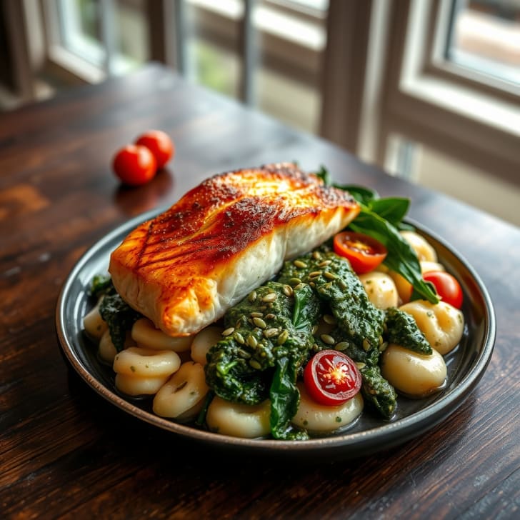 Knuspriger Lachs auf cremigen Kürbiskernpesto-Gnocchi