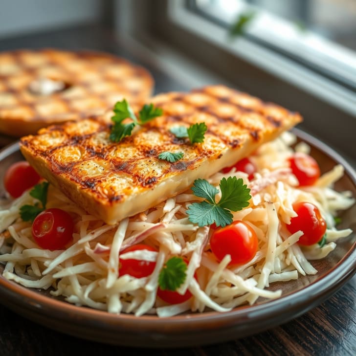 Knuspriger Grillkäse auf warmem Tomaten-Kraut-Salat