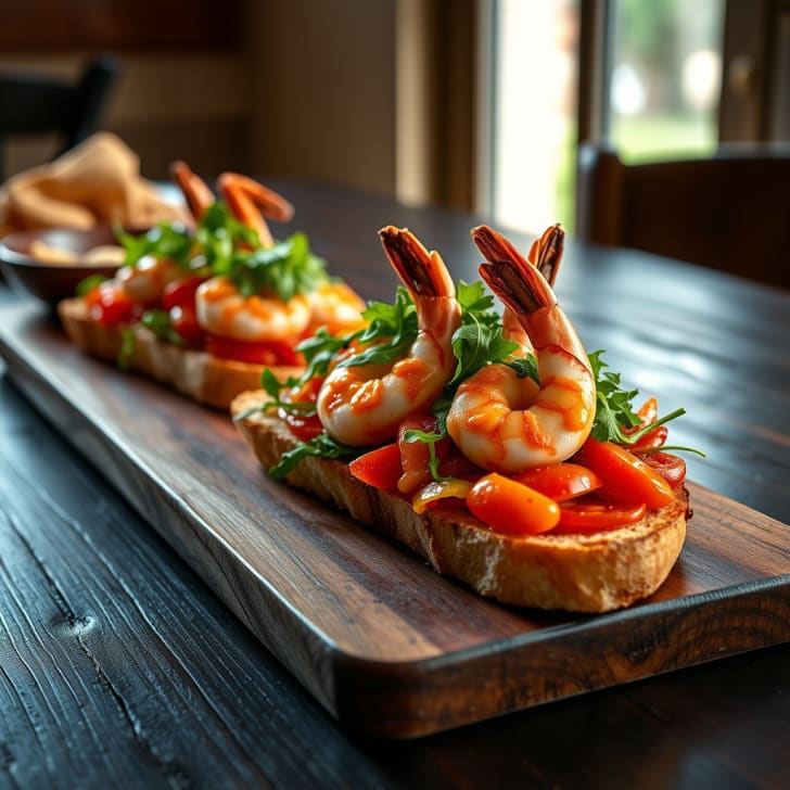 Sriracha-Allioli-Garnelen auf warmem Tomaten-Bruschetta-Baguette