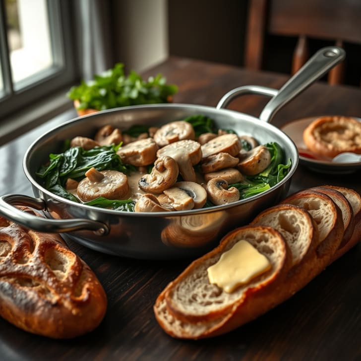 Cremige Weinschorlen-Schweinepfanne mit Knoblauch-Kräuter-Baguette