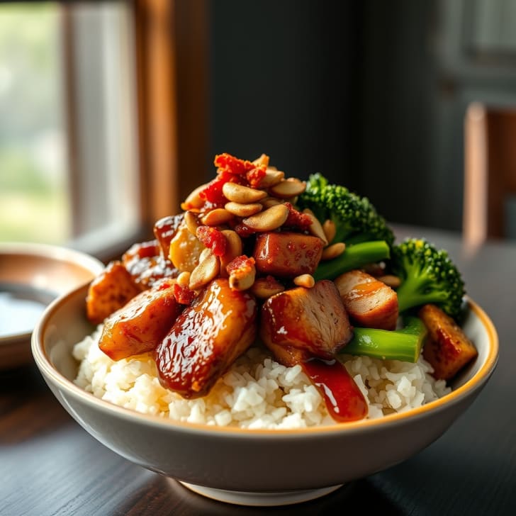 Ofen-Schweinefleisch und Brokkoli-Bowls mit knusprigem Paprika-Erdnuss-Topping