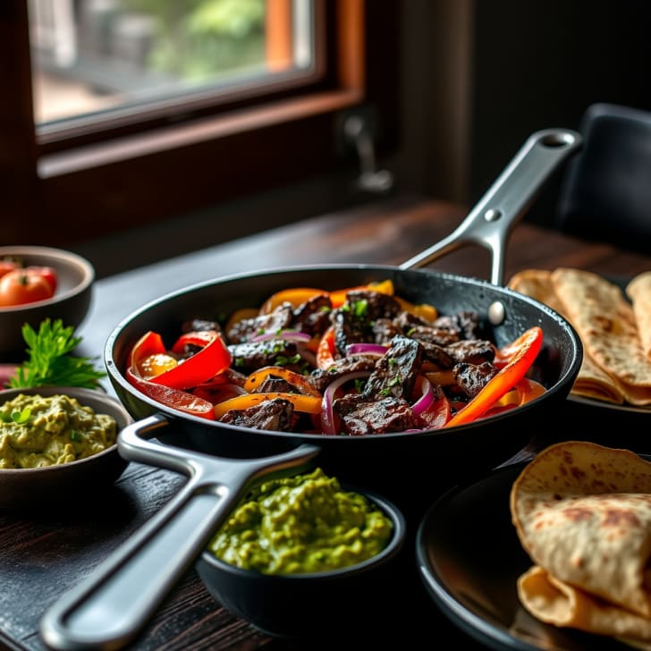 Sizzling Rindersteak- & Paprika-Fajita-Pfanne mit Avocado