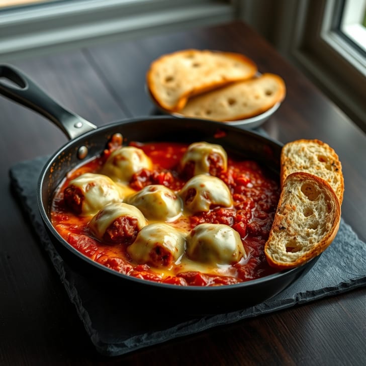 Überbackene Fleischbällchen in Tomaten-Paprika-Sauce mit Knoblauchbaguette