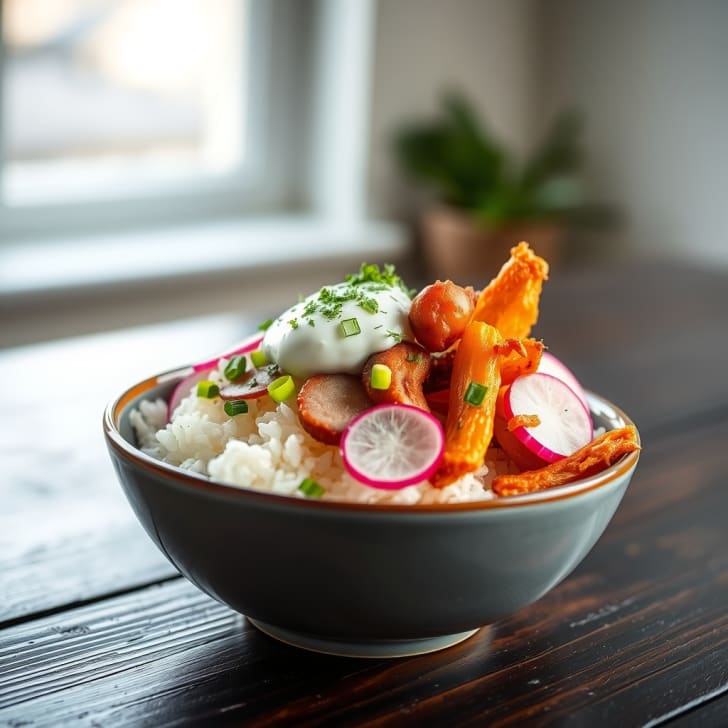 Knuspriger Kümmelbraten auf Tzatziki-Reis-Bowl
