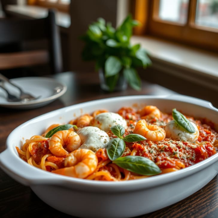 Überbackene Tomaten-Mozzarella-Pasta mit argentinischen Rotgarnelen
