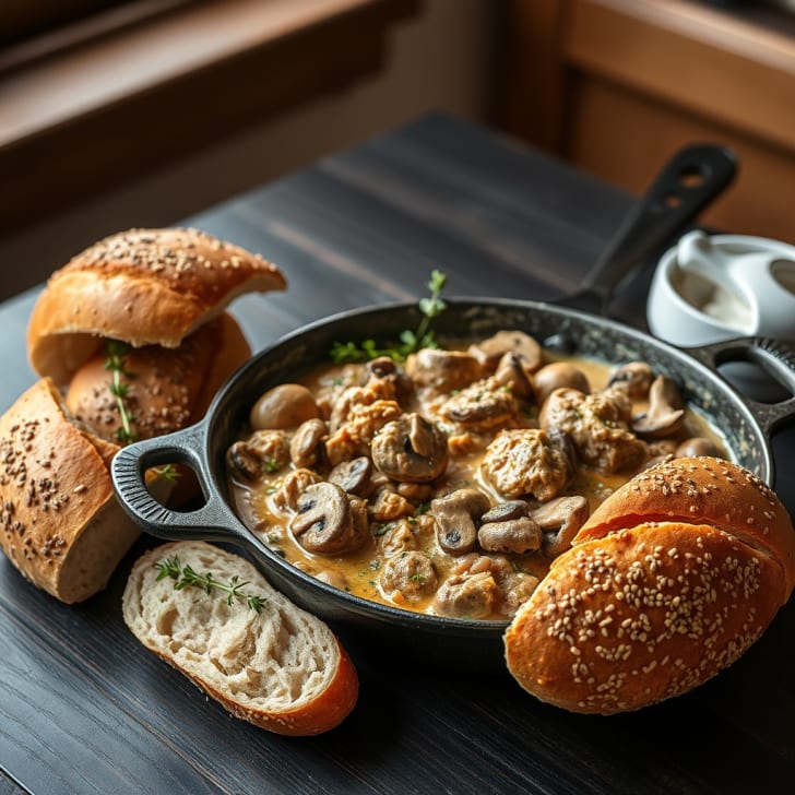Rustikales Schweinesteak-Pilz-Ragout mit warmen Mehrkornbrötchen
