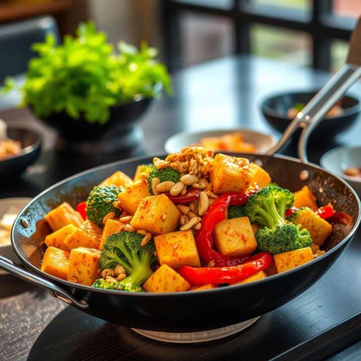 Tofu-Gemüse-Pfanne mit Sweet-Chili-Glasur und knusprigem Erdnuss-Topping