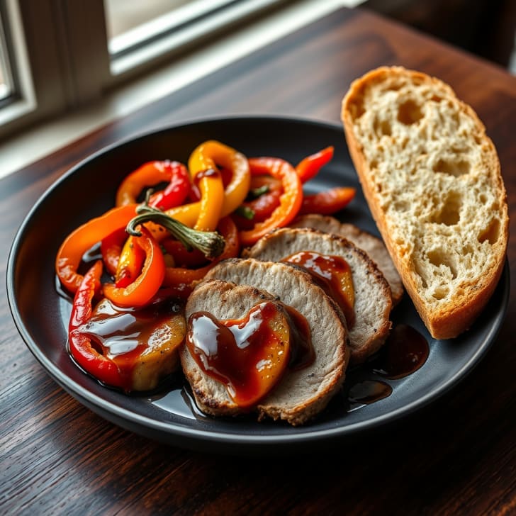 Pfannengebratenes Schweinefilet mit süßem Balsamico-Paprika & Knoblauchbaguette