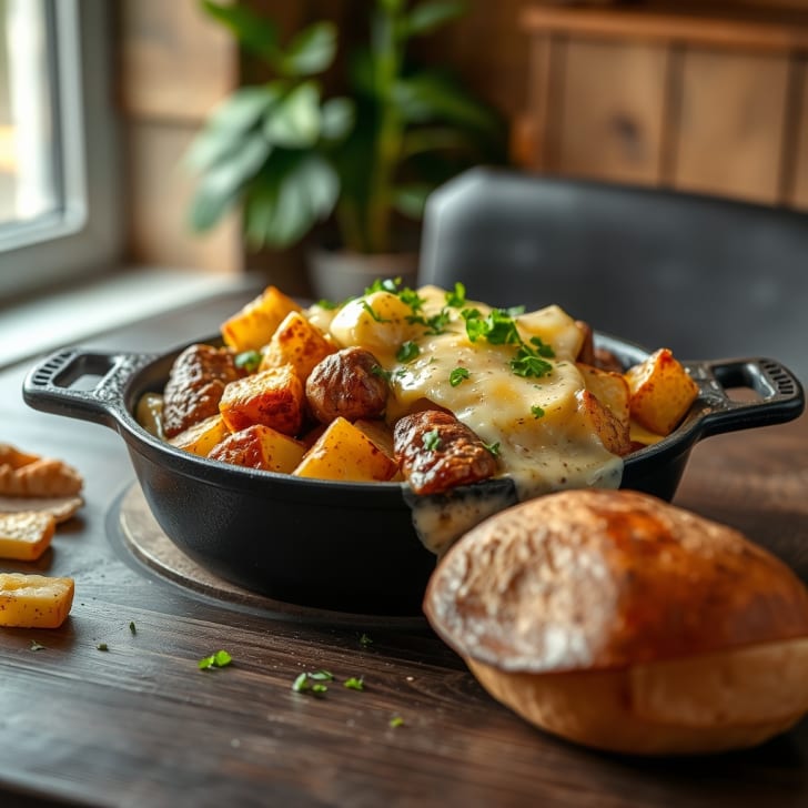 Herzhafte Cevapcici- & Goldkartoffel-Pfanne mit geschmolzenem Gouda