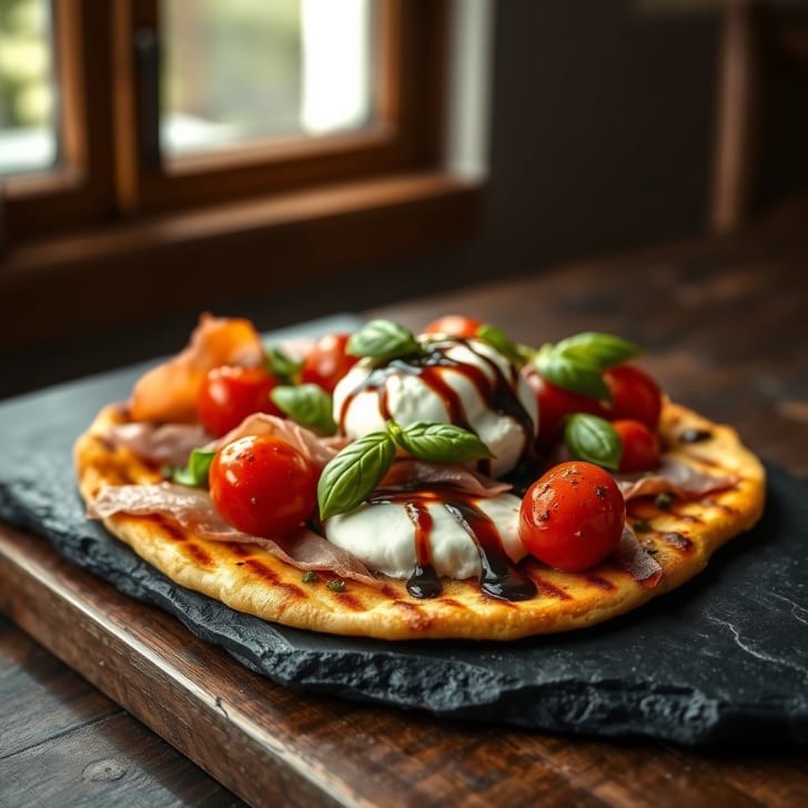 Knusprige italienische Pinsa mit Prosciutto und cremiger Burrata
