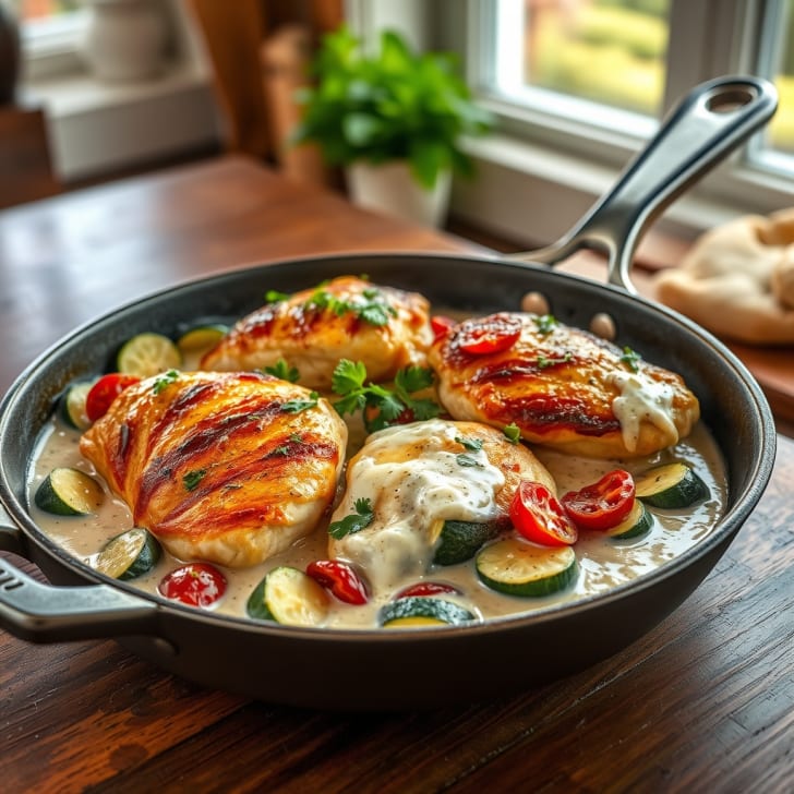 Toskanische Hühnerpfanne mit Zucchini in cremiger Sauce