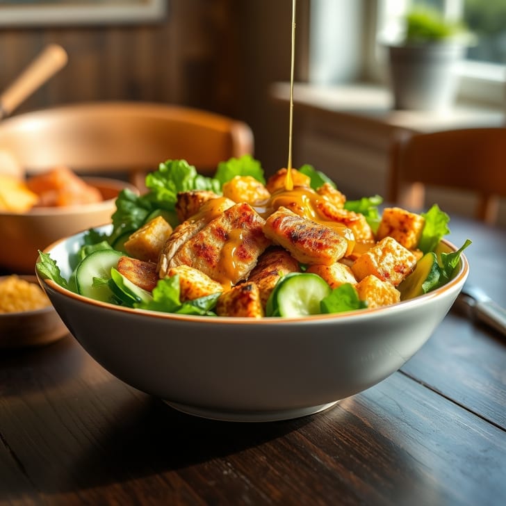 Knusprige Backhendl-Salatbowl mit Dinkel-Maisbrot-Croutons und Apfeldressing