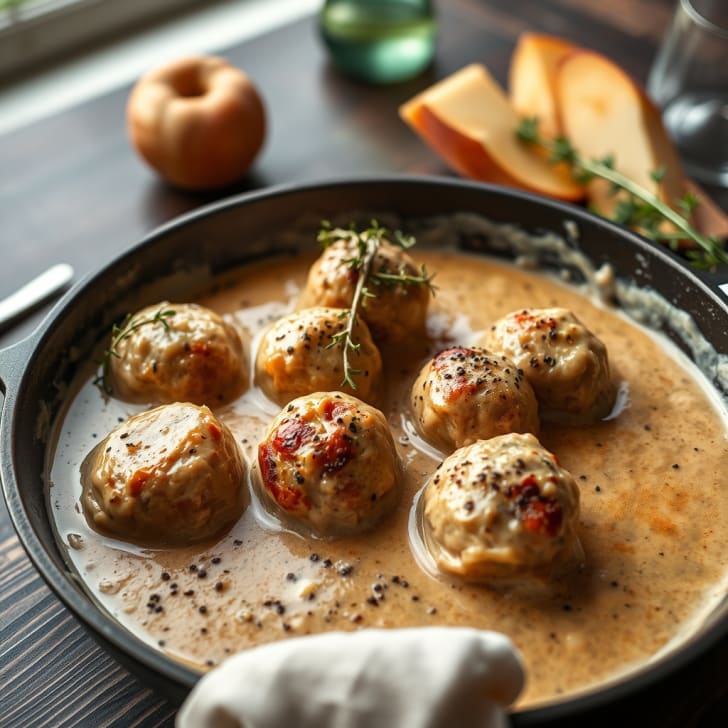 Herzhafte Fleischbällchen in Apfel-Thymian-Rahmsauce
