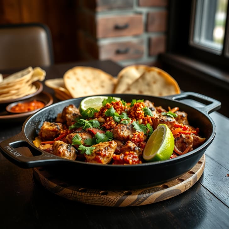 Rauchige Schweine-Fajita-Pfanne mit knuspriger Paprika-Erdnuss-Salsa