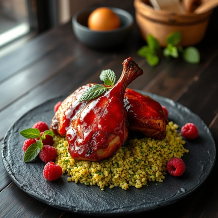 Klebrig-süßes Himbeer-Chili-Hähnchen mit fluffigem Kräuter-Couscous
