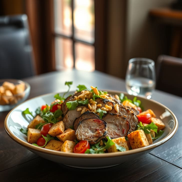 Warmer Laugen-Panzanella-Salat mit Schweinesteaks und knusprigen Paprika-Erdnüssen