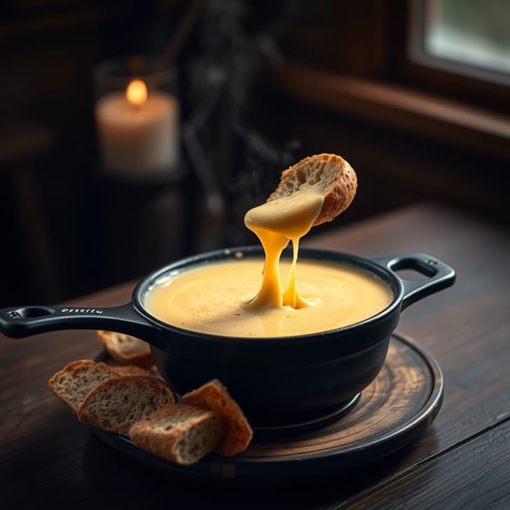 Weißer Spritzer Käsefondue-Pfännchen mit warmen Mehrkornbrötchen