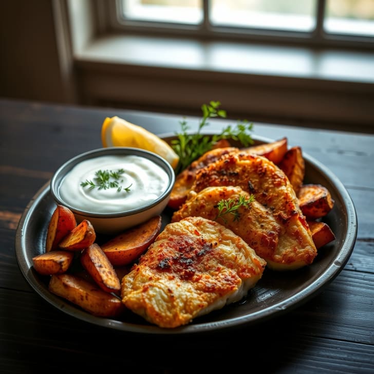 Knuspriger Ofenbackfisch mit Paprika-Kartoffelspalten und Kräuter-Sauerrahm-Dip