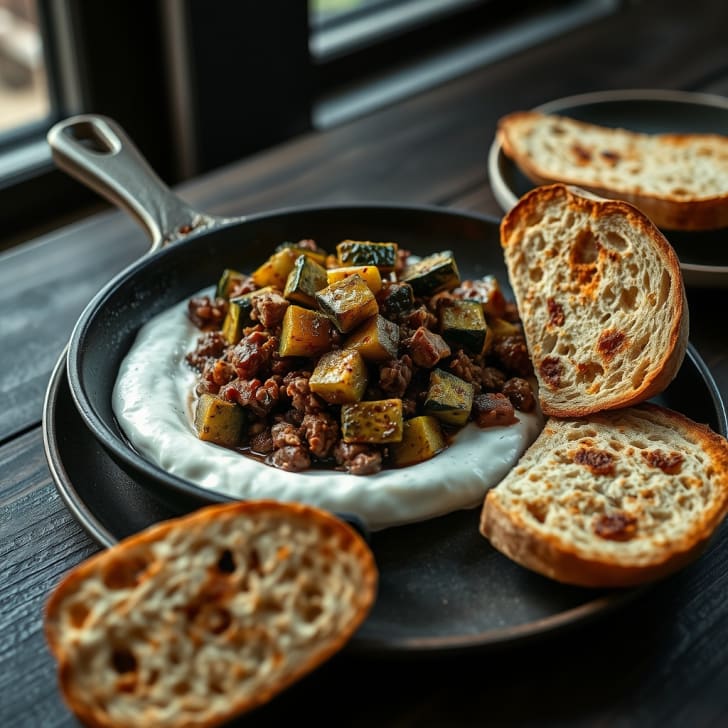 Türkische Hackfleisch-Pfanne mit geröstetem Dinkel-Maisbrot