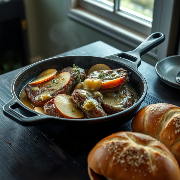 Cremige Senf-Schweinefilet-Pfanne mit gerösteten Mehrkornbrötchen