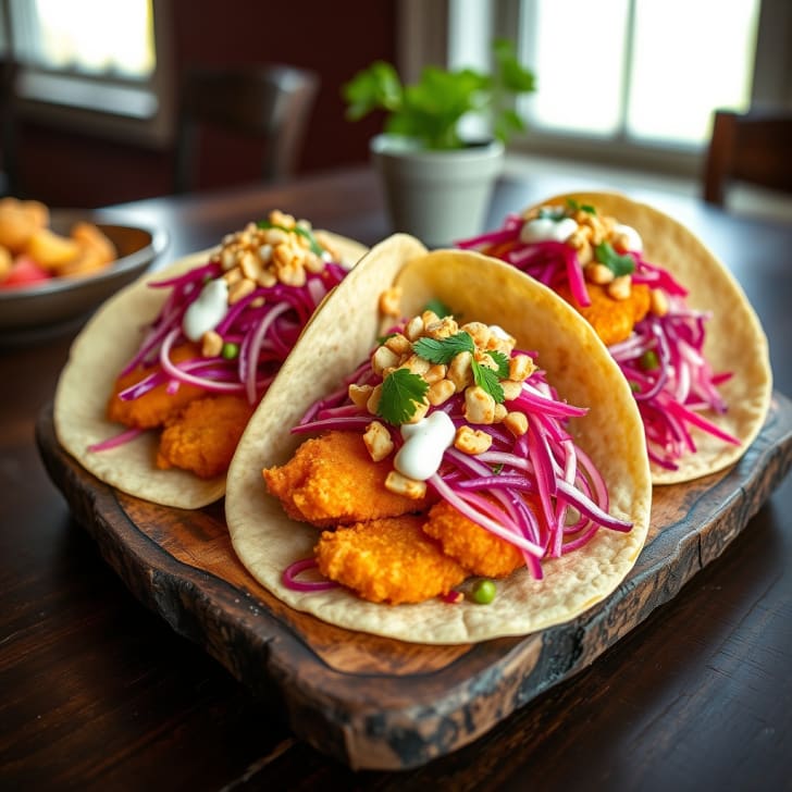 Knusprige Fisch-Tacos in Bierteig-Stil mit pikantem Paprika-Erdnuss-Slaw