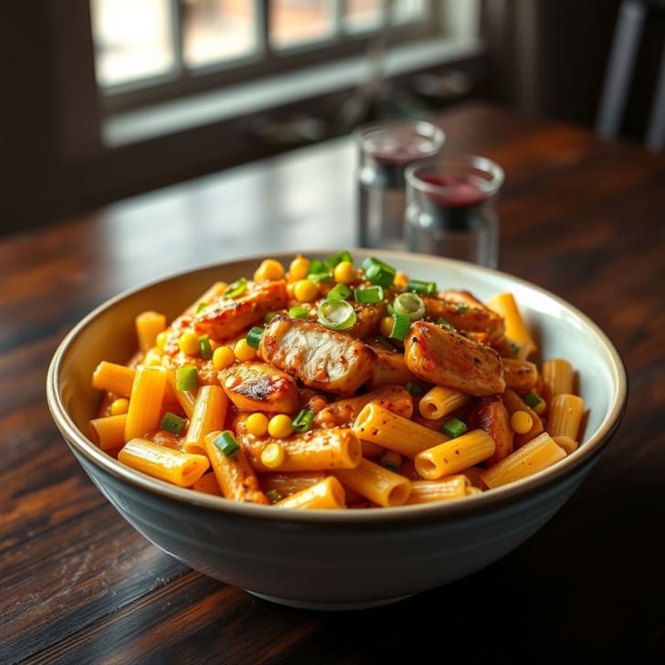 Cremige Cajun-Hähnchen-Pasta mit geröstetem Zuckermais