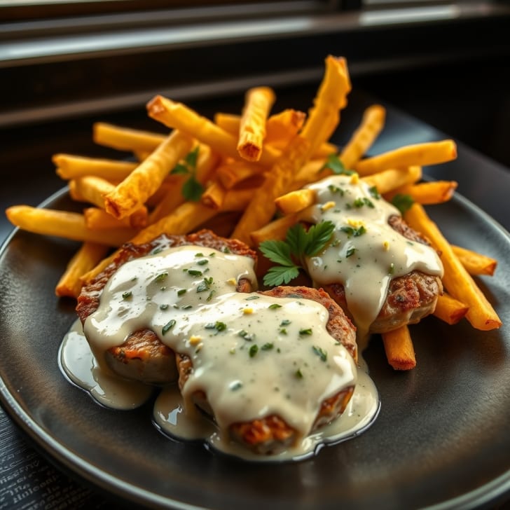 Schweinsmedaillons in Zitronen-Estragon-Rahmsauce mit Gitter-Pommes