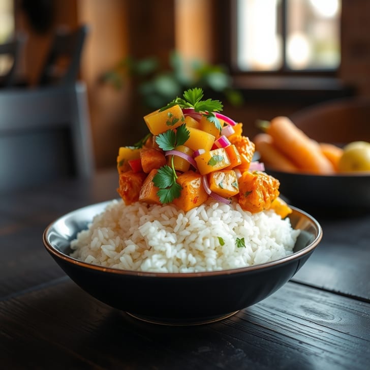 Curry-Hühner-Bowl mit süßer Glasur und Gold-Kiwi-Salsa