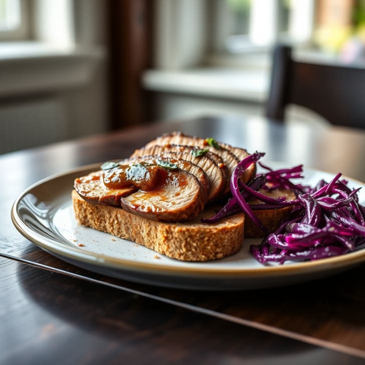 Schweineschopsteak mit Apfel-Salbei-Glasur auf Dinkelbrot