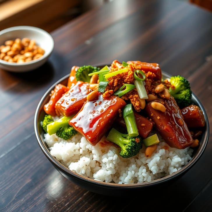 Schweinefleisch-Bowl mit süßer Zitronenlimonaden-Glasur und knusprigen Paprika-Erdnüssen