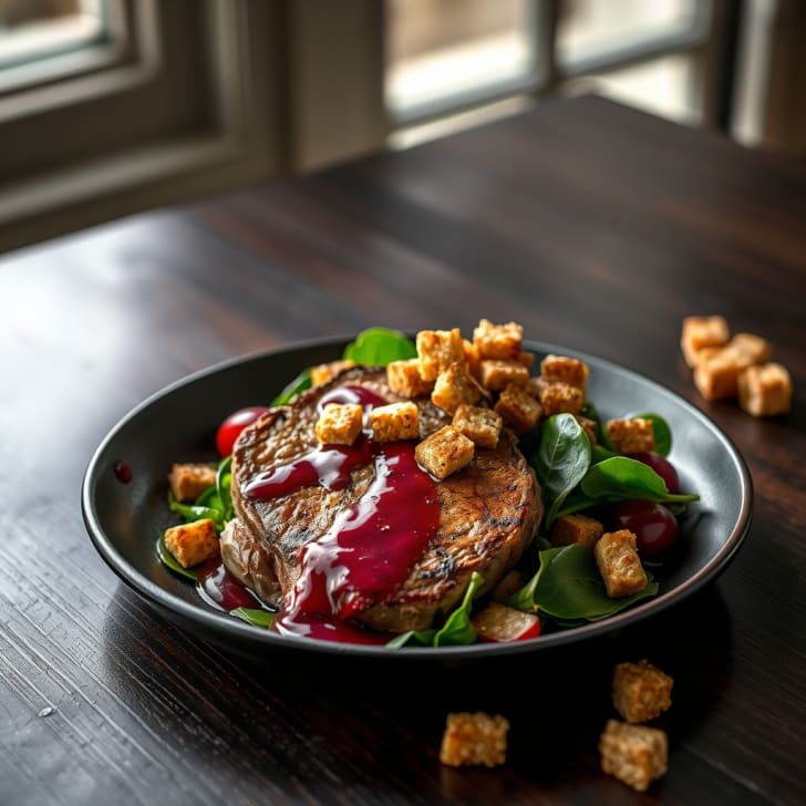 Pfannengebratene Schweinesteaks mit Hugo-Rosé-Pflaumensauce und Mehrkorn-Croûtons