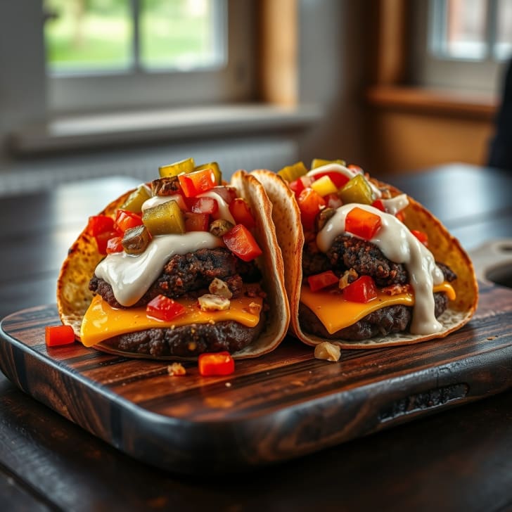 Knusprige Cheddar-Smash-Burger-Tacos mit würzigem Pusztasalat-Relish