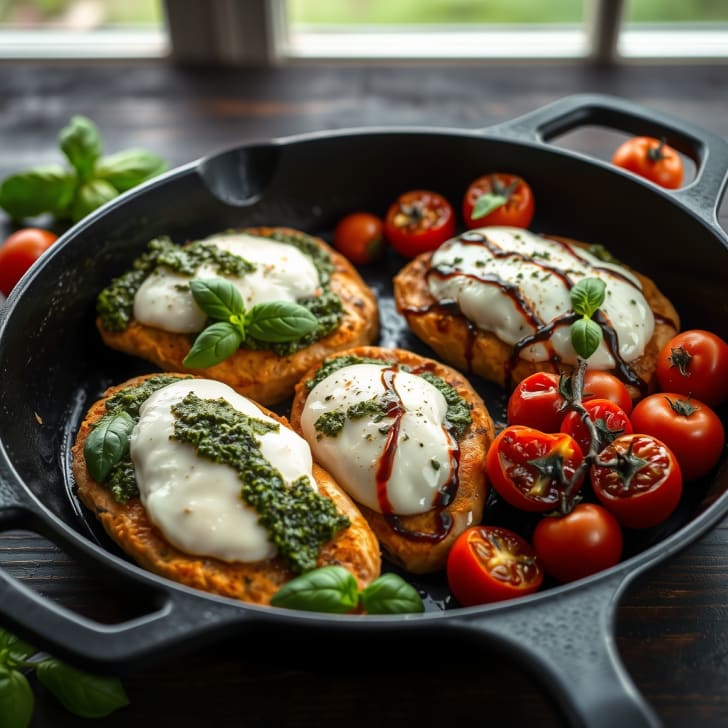 One-Pan-Caprese-Hähnchen mit geschmolzenen Strauchtomaten und Mozzarella
