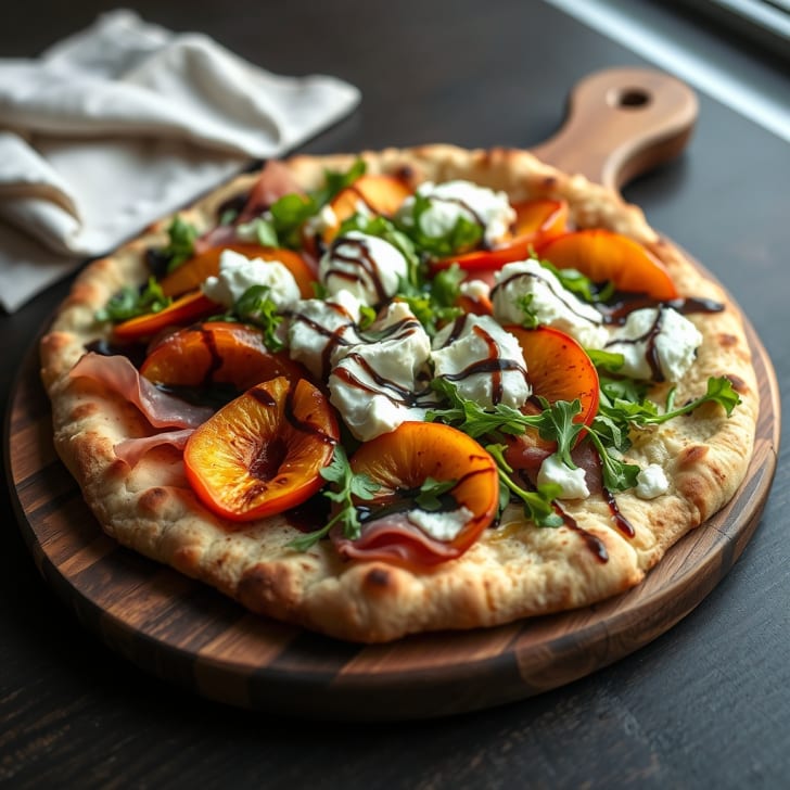 Pinsa mit karamellisierten Nektarinen, Prosciutto und frischer Burrata