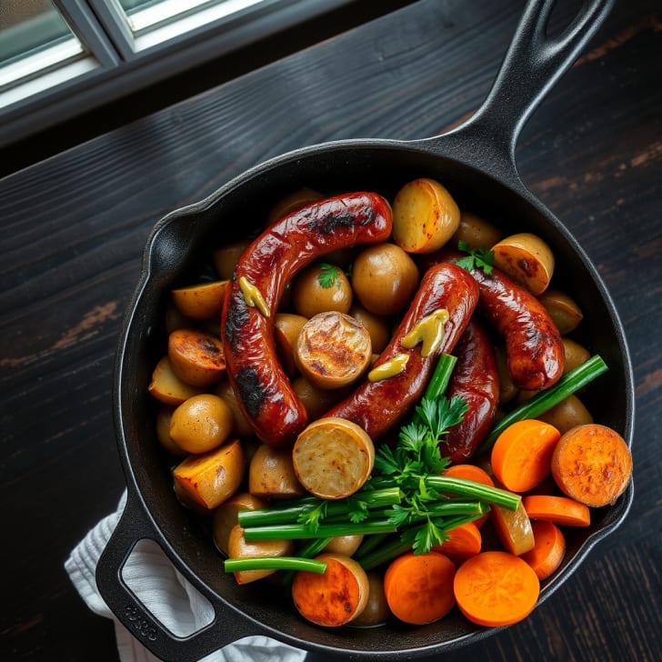 Herzhafte Pfanne mit Debreziner-Würstchen und breiten Fisolen