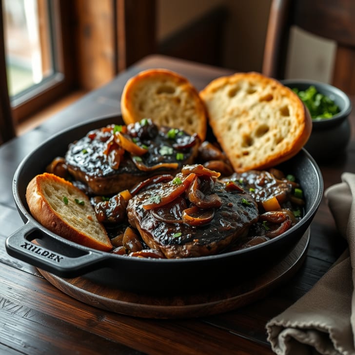 Schweineschopfsteaks aus der Pfanne mit Stiegl-Bier-Zwiebeln & geröstetem Maisbrot