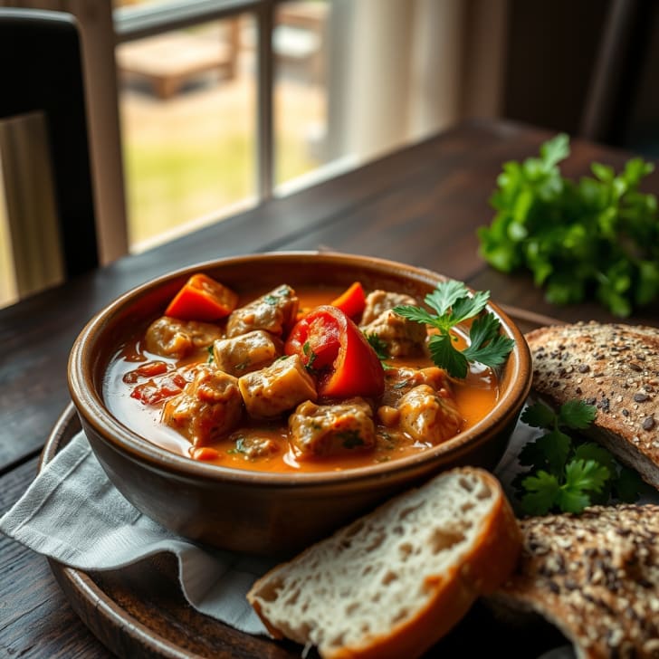 One-Pan Schweine- und Paprikagulasch mit Weißem Spritzer und Mehrkornbrötchen