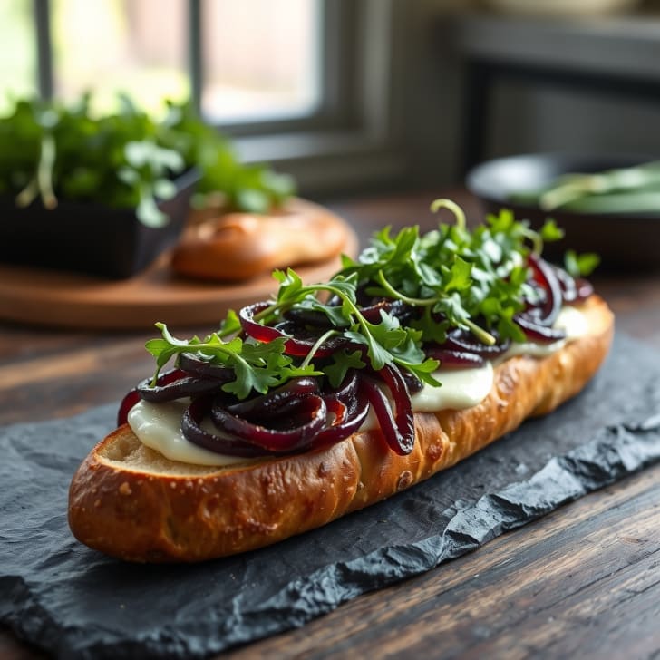 Mit Hugo-Rosé-Zwiebeln und Brie gefülltes Kräuter-Laugenbaguette