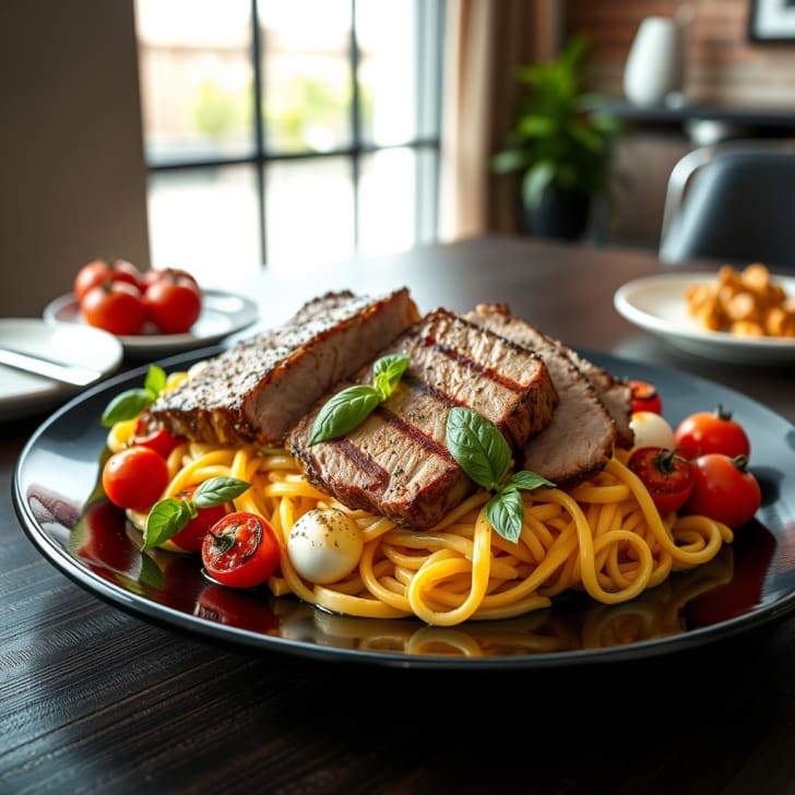 Kurzgebratene Schweinesteaks mit geschmolzener Tomaten-Mozzarella-Pasta