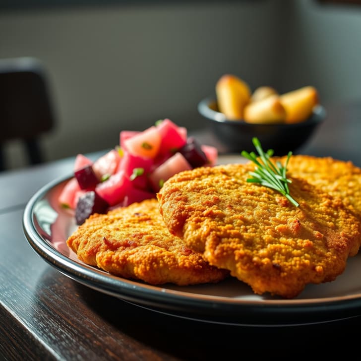 Knuspriges Hähnchenschnitzel mit warmem Rote-Bete-Kartoffelsalat