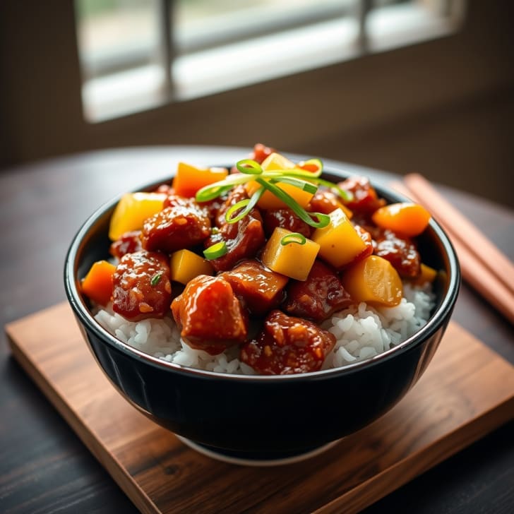 Süß-sauer glasiertes Schweinefleisch-Wok mit frischer Ananas