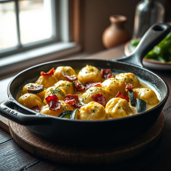 Pfannengebratene gefüllte Gnocchi mit Räucherspeck und cremigen Zucchini