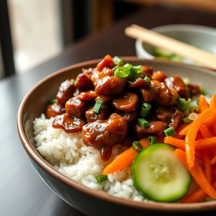 Klebrige Apfel-Ingwer-Hackfleisch-Bowls mit eingelegten Karotten